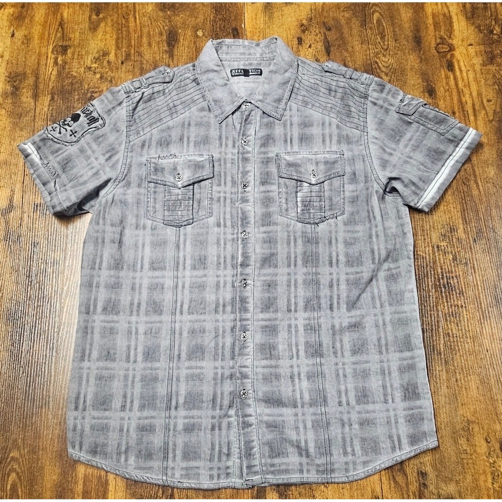 Affliction Mens Grey Plaid Button Down Shirt XL Skull Patch Short Sleeve